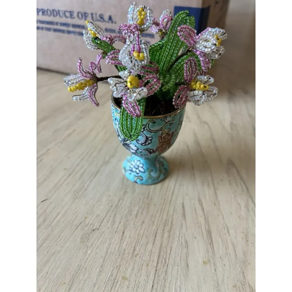 Vintage Handmade French Seed Beaded Flower Floral Bouquet Asian longevity Cup
